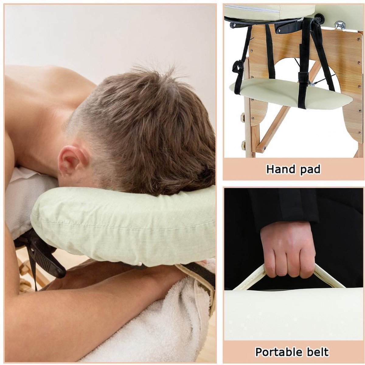 BestMassage MT-296-CREAM, Massagetafel, draagbaar massagebed, 186 cm, hoogte verstelbaar, tweevoudig inklapbaar, gezichtskussen, draagtas en draagbaar, Crème